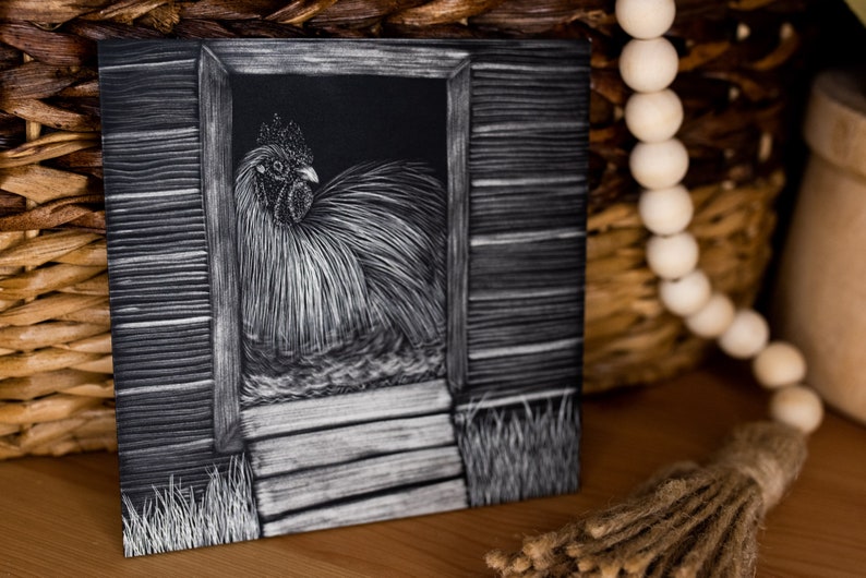 May include: A black and white drawing of a rooster in a coop doorway. The rooster is facing the right side of the image and has a white comb and wattles. The coop is made of wood and has a wooden door. The rooster is standing on a wooden step. The drawing is done in a realistic style and has a lot of detail.