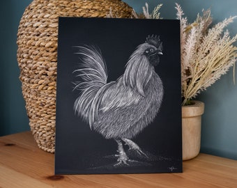 Country Farmhouse Style Home Wall Decor | Original Scratchboard Chicken Art