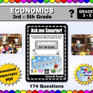 Può includere: Un download PDF stampabile di 174 domande di economia per bambini dalla 3a alla 5a elementare. La copertina presenta un lama dei cartoni animati e il testo "Ask me Smarter!" con uno sfondo colorato.