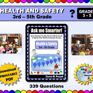 Puede incluir: Un folleto PDF imprimible con 339 preguntas de salud y seguridad para niños de 3º a 5º grado. La portada presenta una llama de dibujos animados y una escuela con globos azules. El texto "Ask me Smarter!" está en una estrella amarilla.