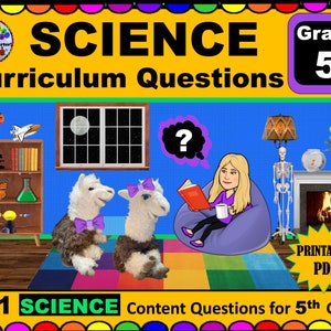 Może przedstawiać: Kolorowy, drukowalny plik PDF z tekstem "SCIENCE Curriculum Questions Grade 5" i "581 SCIENCE Content Questions for 5th Grade". Obraz przedstawia kreskówkową lamę, kobietę czytającą książkę i kominek.