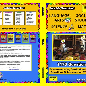 May include: A colorful book cover with the title "Ask Me Smarter!" and a subtitle "Comprehensive, Curriculum-aligned Questions & Answers for 2nd Grade". The cover features a group of puppets and a white goat wearing a bow tie. The book is designed for elementary school students.