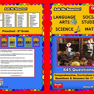 May include: A colorful book cover with the title "Ask Me Smarter!" and a subtitle "Comprehensive, Curriculum-aligned Questions & Answers for 1st Grade". The cover features a group of puppets sitting in a library setting, with a lamb puppet holding a book. The book is designed for first grade students and includes 845 questions and answers.