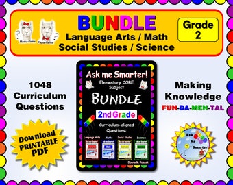 HOMESCHOOL CURRICULUM BUNDLE! - Grade 2 - Language Arts, Social Studies, Science, and Math - Progressive Content Questions!
