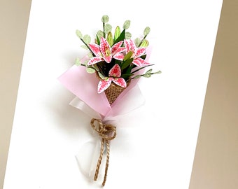 Miniature Handmade Paper Lily Bouquet in Burlap Cone , Tiny Pink & White Floral Accent for Desk, Gift, Wedding Decor