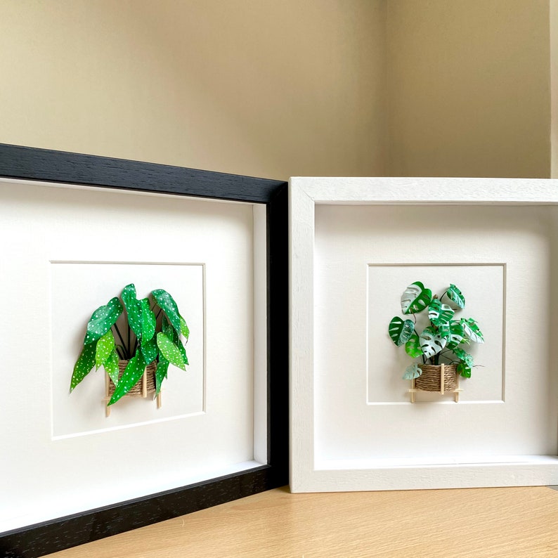 May include: Two framed paper art pieces featuring green plants in white pots. The frames are black and white.