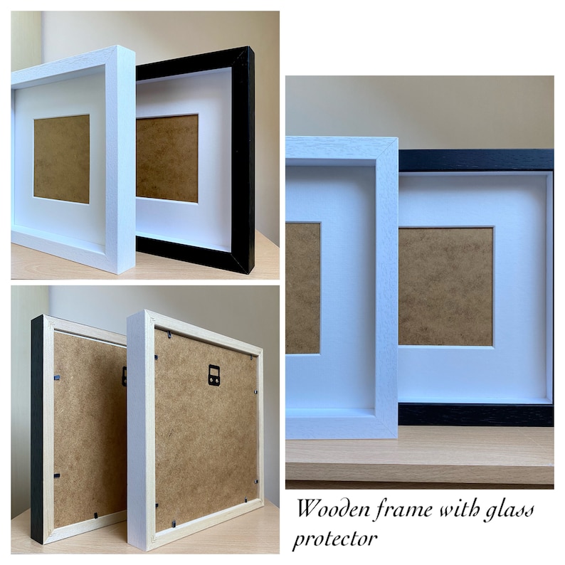 May include: Two picture frames, one white and one black, with a glass protector. The frames are made of wood and have a simple design.