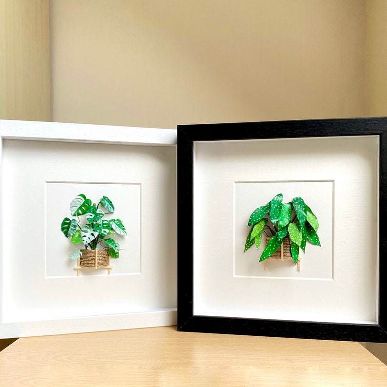 May include: Two framed paper art pieces featuring green plants in pots. The frames are white and black. The plants are in a 3D style.
