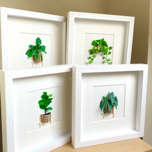 May include: Four white picture frames with a white mat and a green paper plant inside each frame. The frames are arranged in a stack of two on top of two.