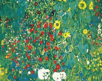 May include: A vibrant painting of a flower garden, featuring sunflowers, red poppies, and other colorful blooms. The artwork has a textured, impressionistic style with a palette of greens, yellows, reds, and blues. The flowers are densely packed, creating a lush, natural scene.
