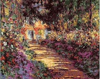 May include: A painting of a garden path leading through a lush, colorful garden. The path is lined with vibrant flowers in shades of pink, purple, yellow, and red. The trees in the background are a deep green, creating a sense of depth and tranquility.
