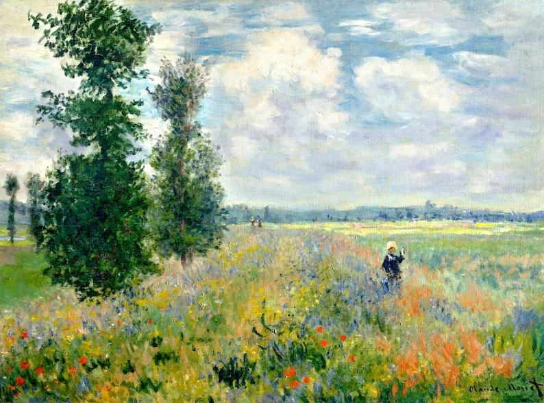 May include: A painting of a field of wildflowers with a single figure in the distance. The sky is a light blue with fluffy white clouds. The field is a mix of green, yellow, and blue flowers. The figure is wearing a white hat and a dark jacket.