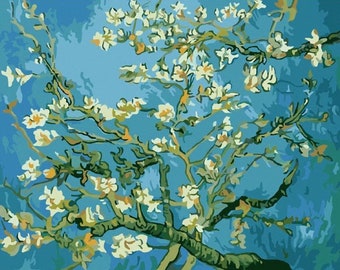 May include: A painting of almond blossoms on branches against a blue background. The artwork features white and yellow flowers with green and brown branches. The background has varying shades of blue, creating a textured effect.
