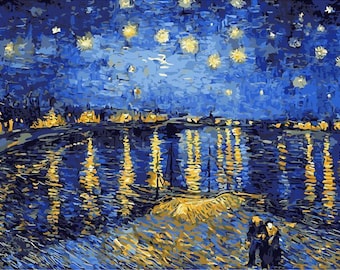 May include: A painting depicting a night scene with a dark blue sky filled with yellow stars. The water below reflects the lights of a town, with two figures standing on a shore. The artwork is done in a textured, impressionistic style.