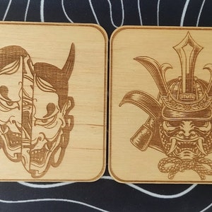 Samurai coasters with a holder, laser cut and engraving files, Instant Download (svg, dxf, ai, Light Burn) |Digital File Only!
