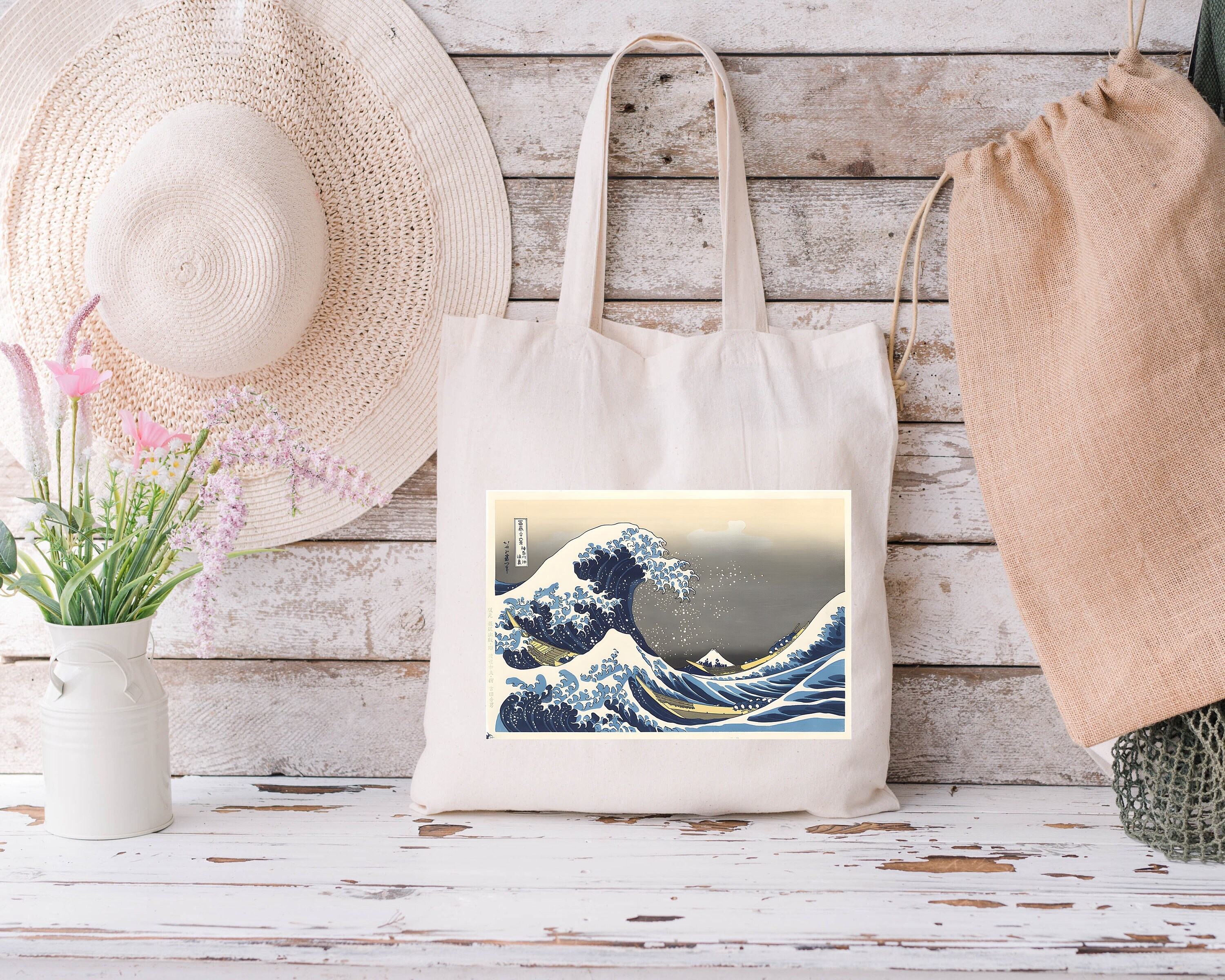 【日本入手困難】Large printed canvas and leather tote bag KOSHO ougi Extra Large Canvas Tote Bag with snap button LH-B