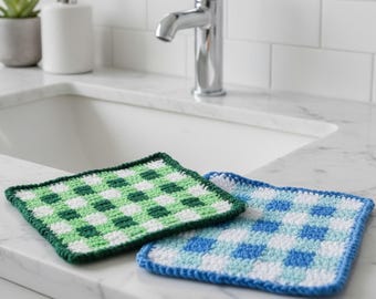 Crochet Dishcloth Set, Handmade Cotton Washcloths, Textured Gingham Reusable Eco Friendly Kitchen Cleaning Cloths, Farmhouse Kitchen Decor