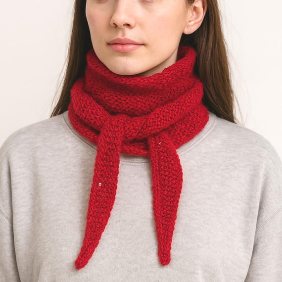 Hand Knit Red Scarf With Sequins, Cozy Winter Neck Wrap  display picture 2