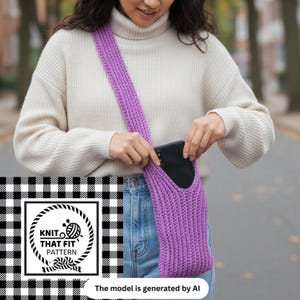 May include: A purple crocheted crossbody bag with a textured ribbed pattern and a long shoulder strap. The bag is shown holding a black smartphone. A square logo in the corner features a yarn ball icon and the text KNIT THAT FIT PATTERN.
