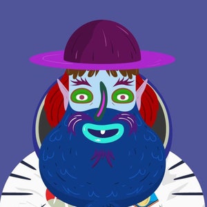 May include: A cartoon illustration of a person wearing a white astronaut suit with a blue, purple, and red hat. The person has a blue beard and green eyes.