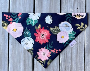 Personalized Blue Floral Dog Bandana, Over the Collar Dog Bandana, Custom Dog Bandana, Pet Bandana, Boho Dog Bandana,  Dog Neckerchief