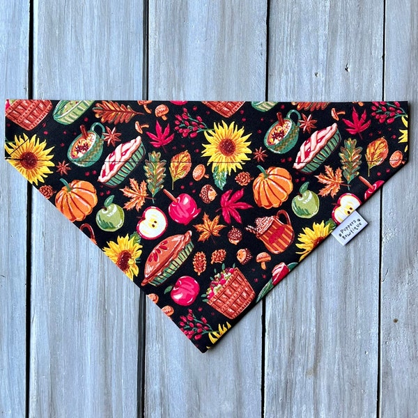 Over the Collar Fall Feast Dog Bandana, Pumpkin Patch Food Dog Bandana, Custom Dog Bandana,  Apples, Pumpkin Dog Bandana, Autumn Dog Scarf