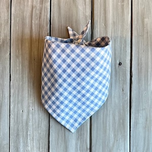 May include: A blue and white gingham dog bandana with a knotted tie.