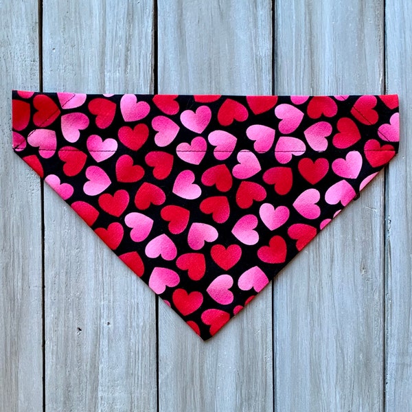 Valentine's Day Hearts on Black Dog Bandana, Over the Collar Hearts Dog Bandana, Valentine Custom Dog Bandana, Dog Scarf, Dog Neckerchief