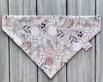 Personalized Grey Wildflowers Dog Bandana, Over the Collar Spring Dog Bandana, Custom Dog Bandana, Summer Dog Bandana, Dog Neckerchief