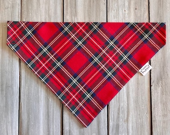 Christmas Magic II Dog Bandana, Over the Collar Christmas Dog Bandana, Custom Dog Bandana,  Red Tartan Plaid Dog Bandana, Plaid Dog Scarf