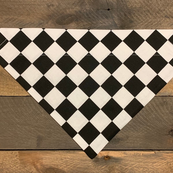 Black & White Checkered Dog Bandana, Over the Collar or Snap on Checkered Flag Dog Bandana, Custom Dog Scarf, Dog Scarf, Racing Dog Bandana
