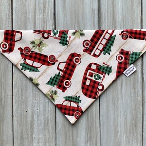 Christmas Buffalo Plaid Truck Dog Bandana, Over the Collar Christmas Dog Bandana, Holiday Dog Bandana,  Truck & Camper Dog Bandana