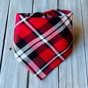 May include: Red, black, and white plaid bandana with a white button.