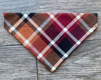 Over the Collar Autumn Spice Fall Dog Bandana, Custom Dog Bandana,  Orange, Maroon Plaid Dog Bandana, Plaid Dog Scarf, Autumn Dog Scarf