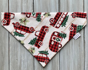 Christmas Buffalo Plaid Truck Dog Bandana, Over the Collar Christmas Dog Bandana, Holiday Dog Bandana,  Truck & Camper Dog Bandana