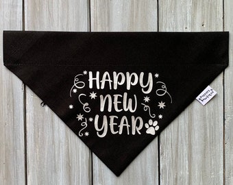 Doggy Kisses at Midnight; Reversible over the collar dog bandana; pet bandana winter holiday confetti new years champagne
