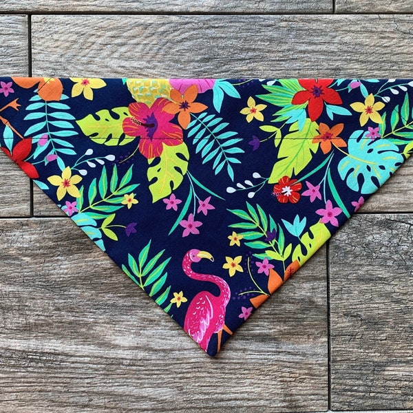 Over the Collar Tropical  Dog Bandana, Personalized Dog Bandana, Flamingo Dog Bandana, Hawaiian Dog Bandana, Custom Dog Bandana, Pet Bandana