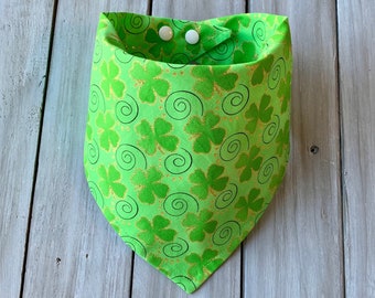 Snap On St. Patrick's Day Shamrocks & Swirls Dog Bandana, Personalized Dog Bandana, Glitter Four Leaf Clover Dog Bandana, Irish Pet Bandana