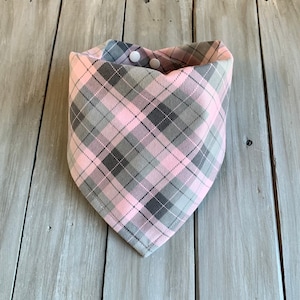 Snap On Dog Bandana, Pink & Grey Plaid Dog Bandana, Personalized Dog Bandana, Custom Dog Bandana, Pet Bandana, Dog Neckerchief, Plaid Scarf