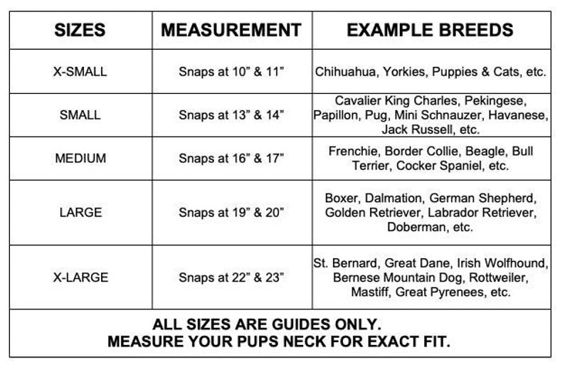 K&ouml;nnte beinhalten: Eine Tabelle mit Hundehalsbandgr&ouml;&szlig;en und den entsprechenden Halsma&szlig;en in Zoll sowie Beispielhunderassen f&uuml;r jede Gr&ouml;&szlig;e. Die Gr&ouml;&szlig;en sind XXS, XS, S, M und L. Die Tabelle enth&auml;lt auch den Text "ALL SIZES ARE GUIDES ONLY. MEASURE YOUR PUPS NECK FOR EXACT FIT."