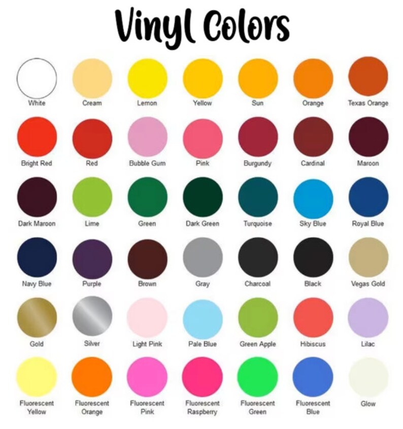 K&ouml;nnte beinhalten: Eine Tabelle mit Vinylfarben und den dazugeh&ouml;rigen Namen. Die Farben sind in Reihen und Spalten angeordnet. Die Farben umfassen Wei&szlig;, Creme, Zitrone, Gelb, Sonne, Orange, Texas Orange, Rot, Rot, Kaugummi, Rosa, Burgunder, Kardinal, Braun, Dunkelbraun, Limette, Gr&uuml;n, Dunkelgr&uuml;n, T&uuml;rkis, Himmelblau, K&ouml;nigsblau, Marineblau, Lila, Braun, Grau, Anthrazit, Schwarz, Vegas Gold, Gold, Silber, Hellrosa, Hellblau, Apfelgr&uuml;n, Hibiskus, Lila, Fluoreszierendes Gelb, Fluoreszierendes Orange, Fluoreszierendes Rosa, Fluoreszierendes Himbeerrot, Fluoreszierendes Gr&uuml;n, Fluoreszierendes Blau und Leuchten.