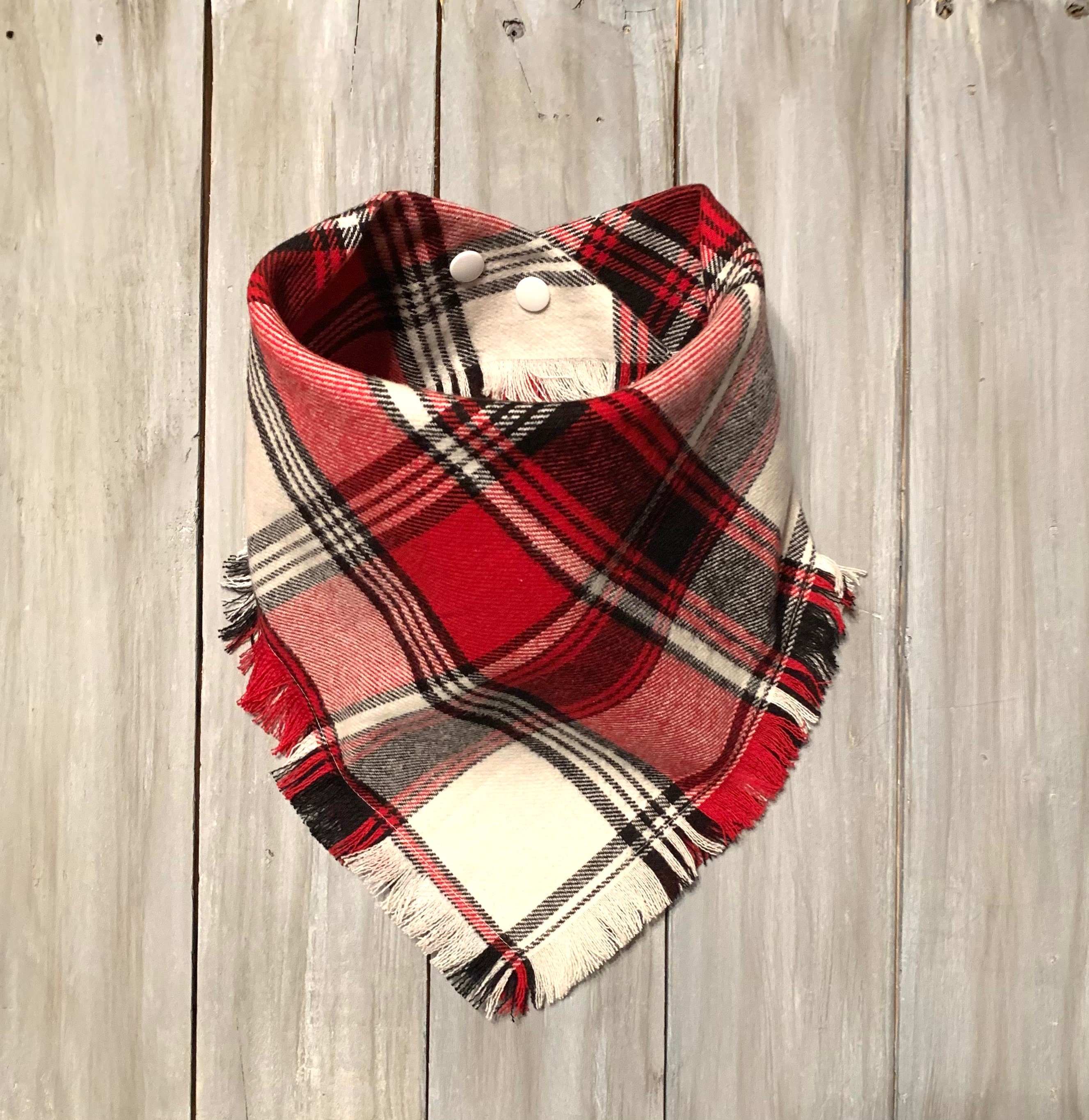 Snap On Red & White Plaid Fringed Dog Bandana, Christmas Dog Bandana,…