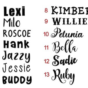 May include: A list of names written in black ink on a white background. The names are numbered 1 through 13. The names are: Lexi, Milo, Roscoe, Hank, Jazzy, Jessie, Buddy, Kimber, Willie, Petunia, Bella, Sadie, and Ruby.