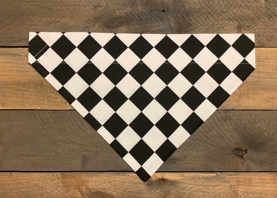 Black & White Checkered Dog Bandana, Over the Collar or Snap on Checkered Flag Dog Bandana, Custom Dog Scarf, Dog Scarf, Racing Dog Bandana