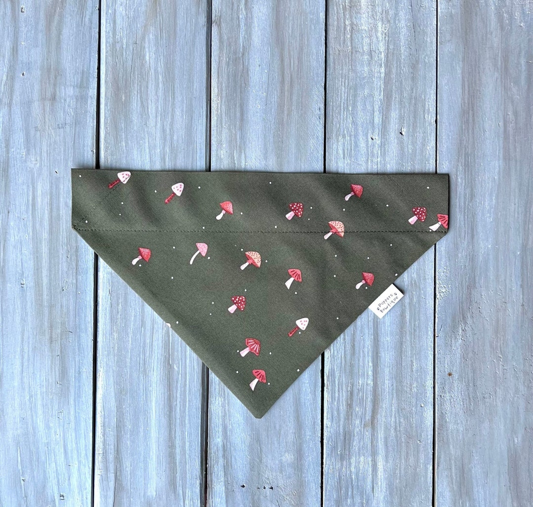 Over the Collar Mushrooms on Olive Green Dog Bandana, Custom Dog