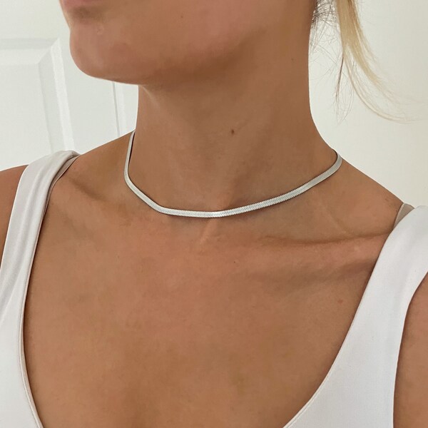 Herringbone Choker - Flat Snake Chain - Silver Dainty Choker -Stacking Necklace