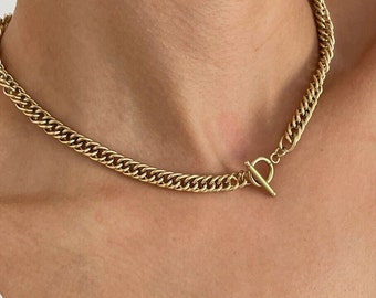 T Bar Necklace - Chunky Chain Link Necklace - Large Chunky Chain Necklace - Gold Toggle Necklace - Chain Link Choker