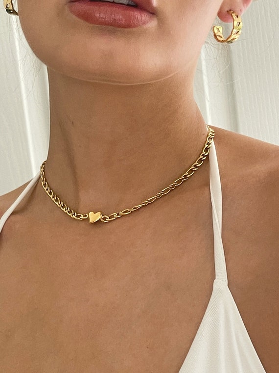 Gold Choker Necklace Gold Heart Choker Stacking Necklace Etsy
