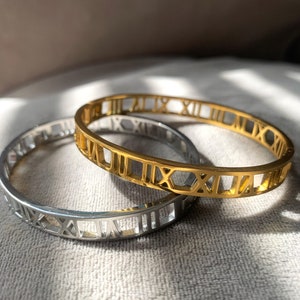 Roman Numeral Bangle- Roman Numeral Bracelet - Gold Chunky Bracelet -Gold Plated Bangle - Stainless Steel Bracelet - Wide Bangle Bracelet