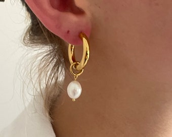 Gold Pearl Hoops - Small Pearl Earrings - Chunky Gold Hoops - Real Pearl Earrings -Small Pearl Hoop Earrings -Waterproof Earrings